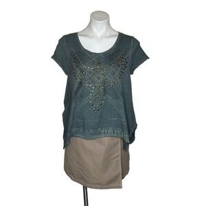 HARLEY DAVIDSON Green Studded T Shirt Cotton Modal Boxy Fit Womens Size Medium